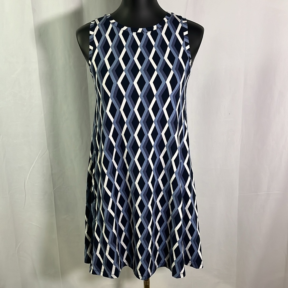 NWT LOFT Outlet Blue & White Geo Diamond Print Sleeveless Casual Shift Dress